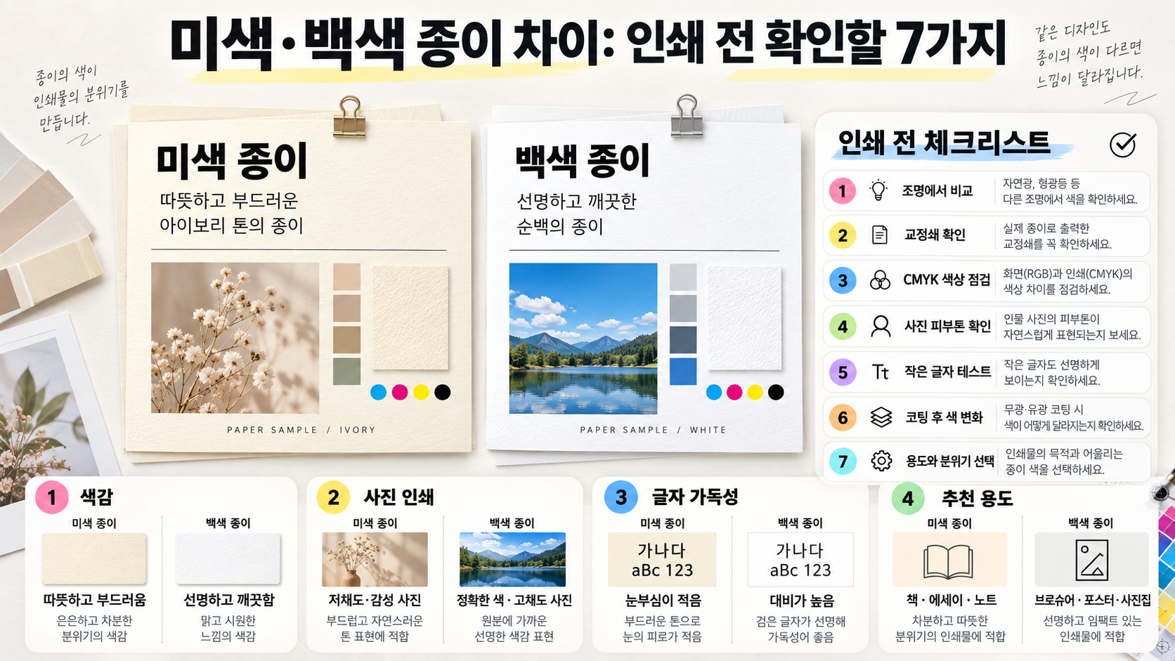 미색·백색 종이 차이: 인쇄 전 확인할 7가지 대표 이미지