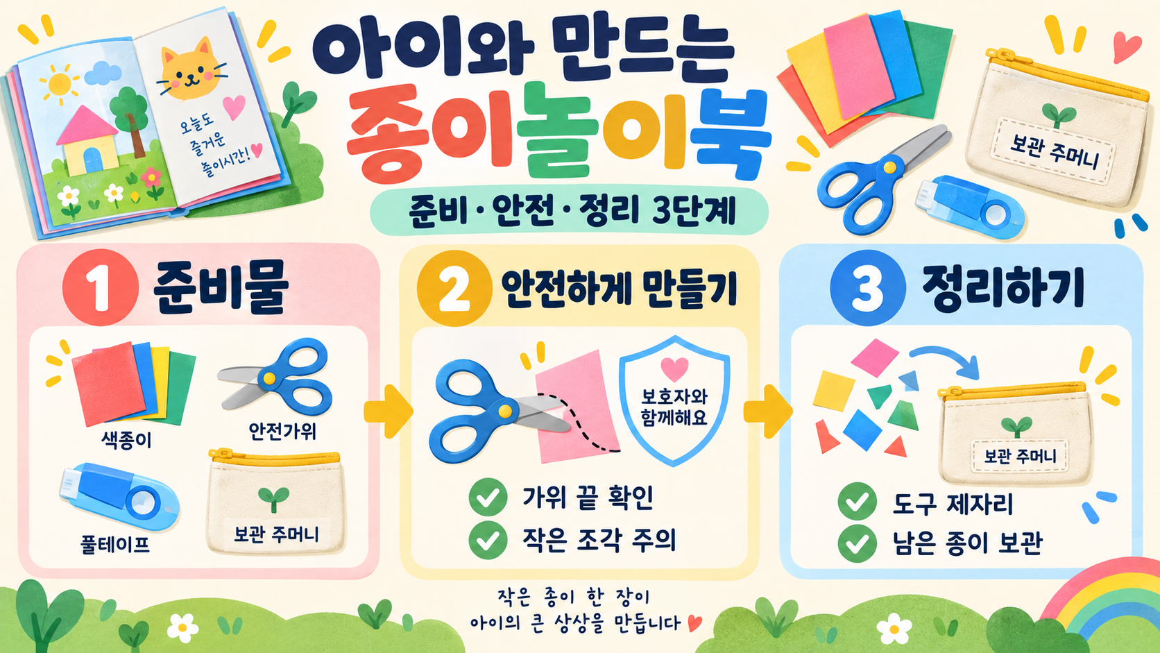 아이와 만드는 종이놀이북: 스퀴시 만들기 준비·안전·정리 가이드 정보 카드