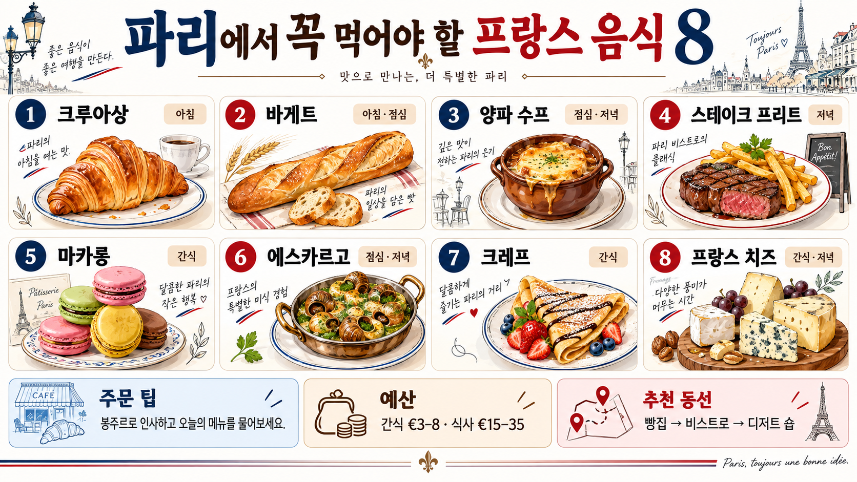 파리에서 꼭 먹어야 할 프랑스 음식 8가지 정보 카드