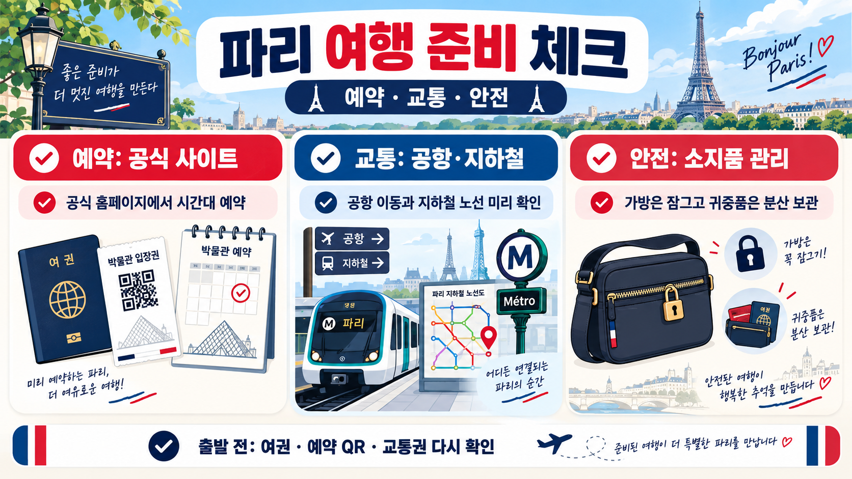 파리 여행 코스 Top 10: 처음 가는 여행자를 위한 3~5일 일정 가이드 확인 정보 카드