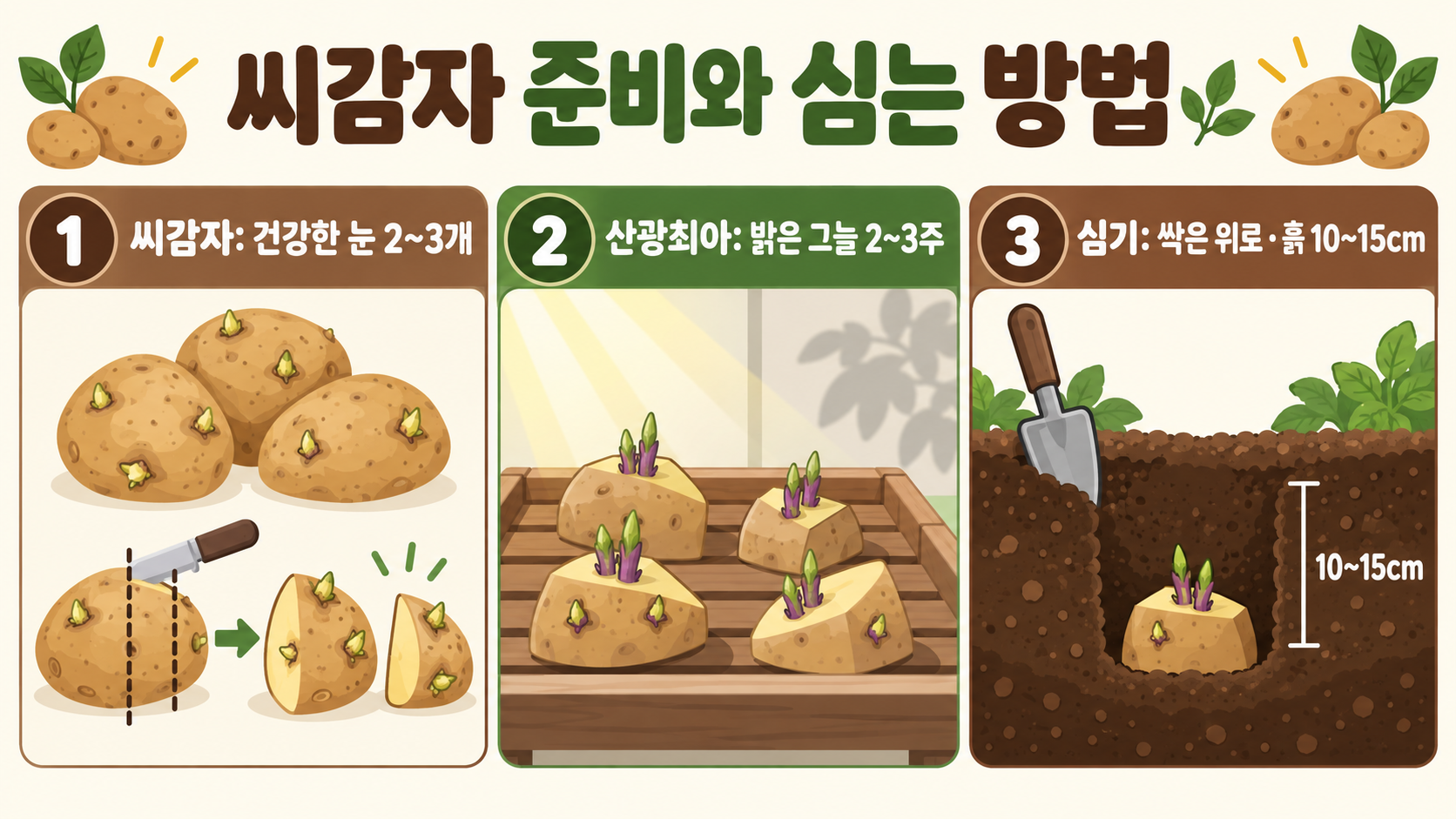 감자 심는 시기와 텃밭 재배 방법: 씨감자부터 수확까지 관련 정보 카드