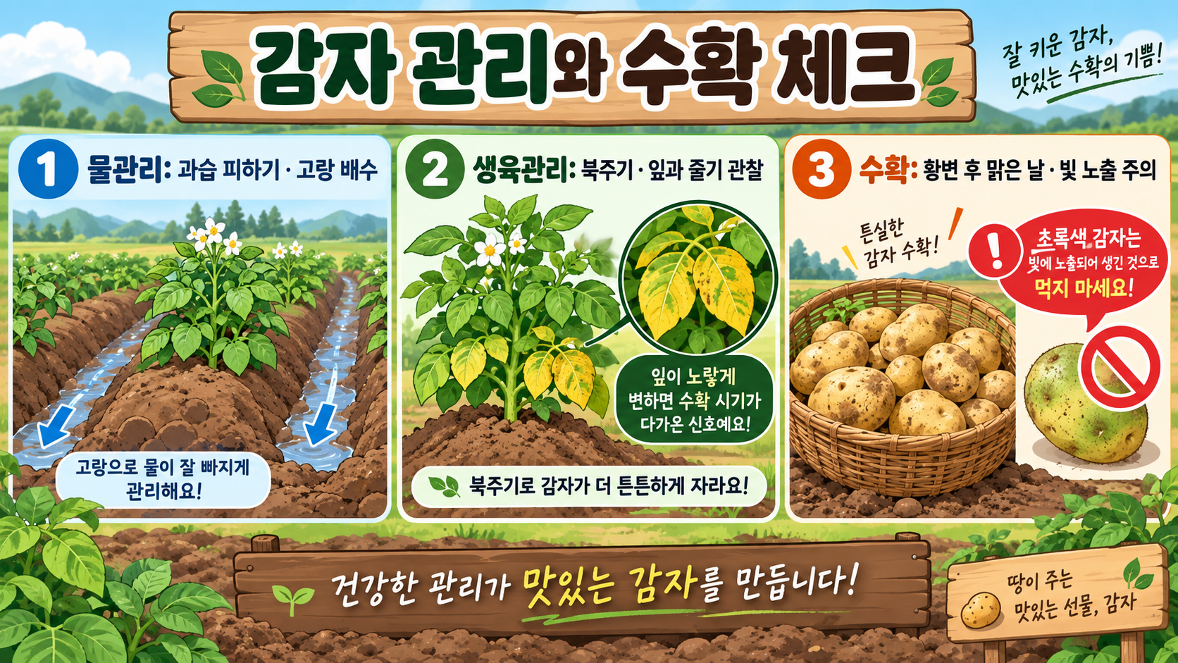 감자 심는 시기와 텃밭 재배 방법: 씨감자부터 수확까지 확인 정보 카드