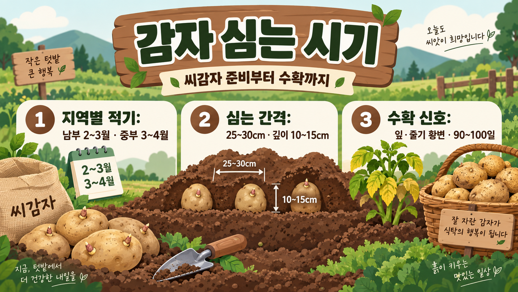감자 심는 시기와 텃밭 재배 방법: 씨감자부터 수확까지 정보 카드