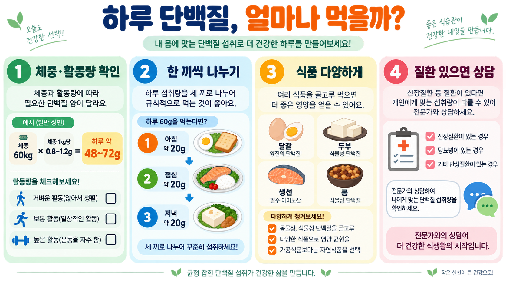 하루 단백질 섭취 권장량과 올바른 섭취 방법 정보 카드