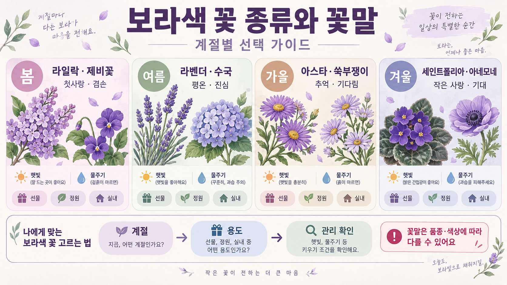 보라색 꽃 종류와 꽃말: 계절별 선택 가이드 정보 카드