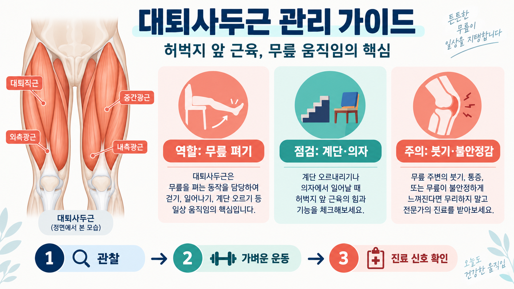 대퇴사두근 이해하기: 허벅지 앞 근육의 역할과 관리법 정보 카드