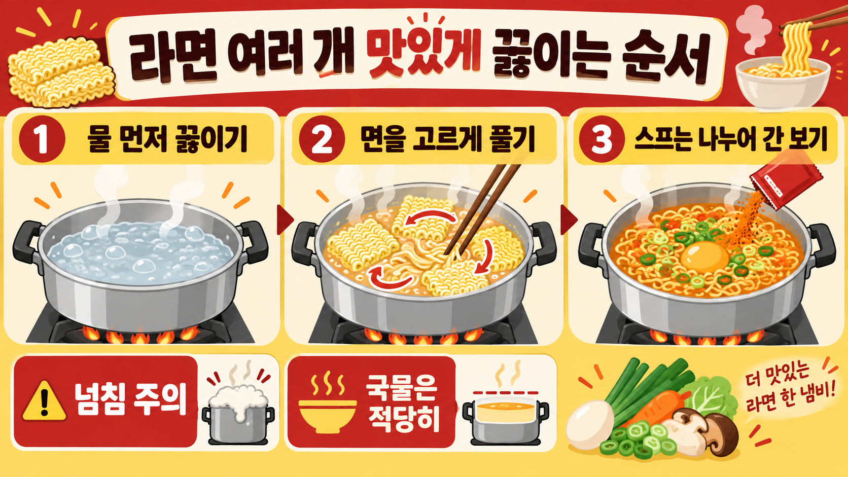 라면 2개·3개·4개 물양: 더 맛있게 끓이는 법 확인 정보 카드