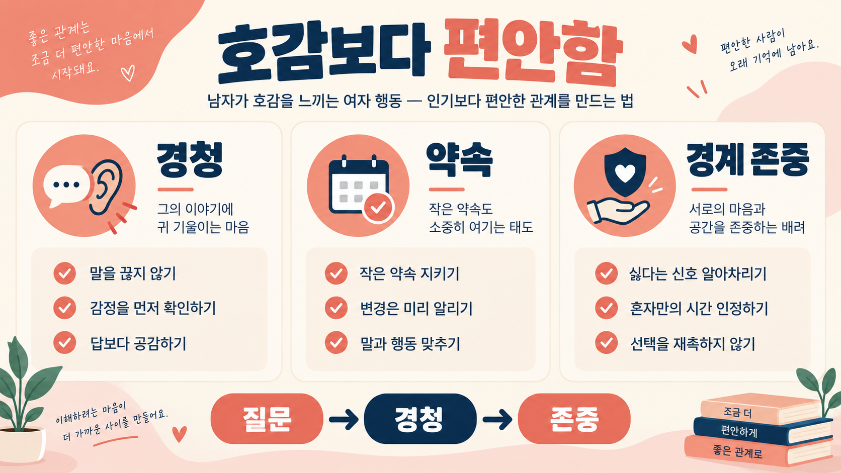 남자가 호감을 느끼는 여자 행동: 인기보다 편안한 관계를 만드는 법 정보 카드