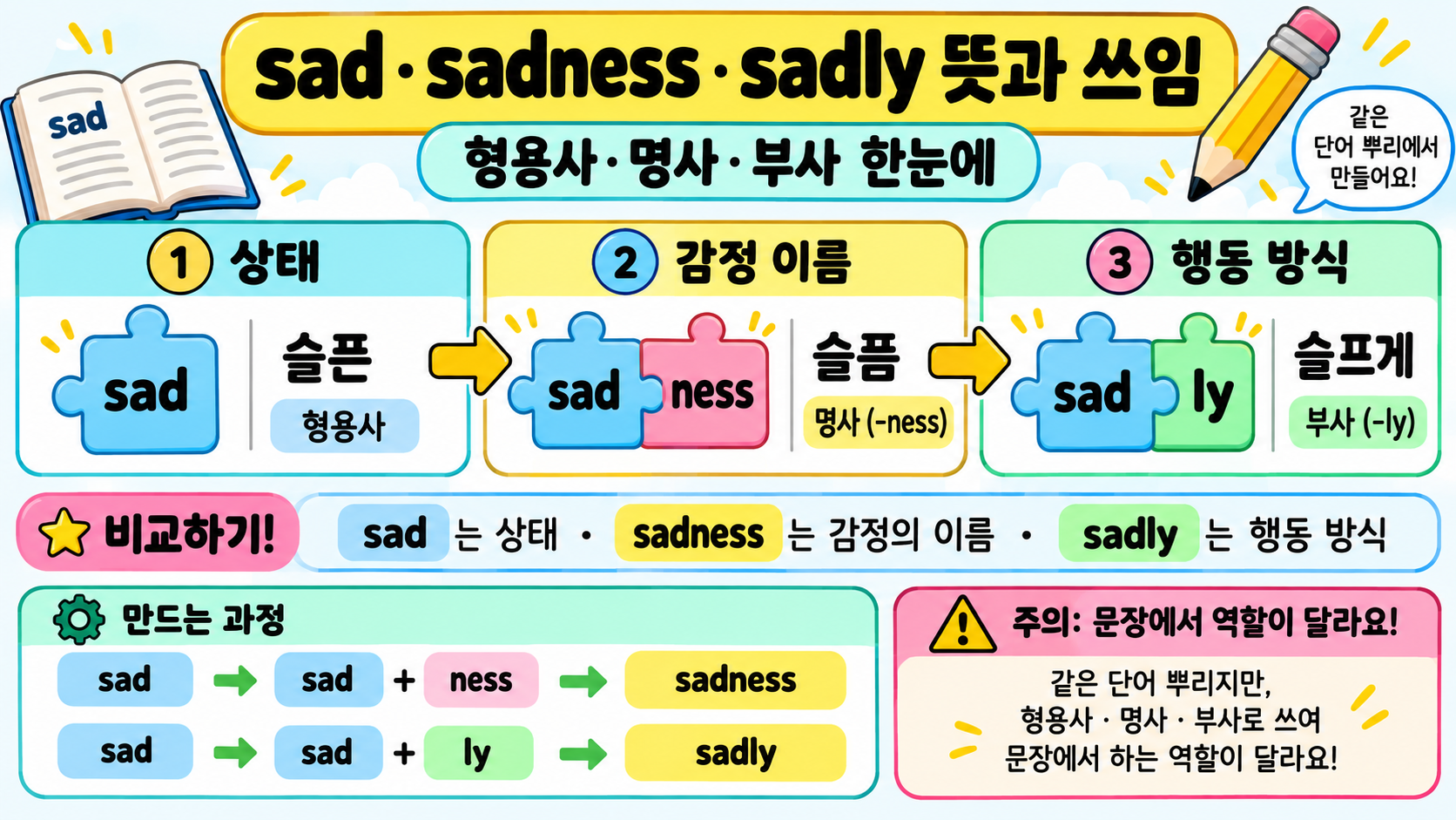 sad·sadness·sadly 뜻과 쓰임: 초등 영어 단어 형태 변화 대표 이미지