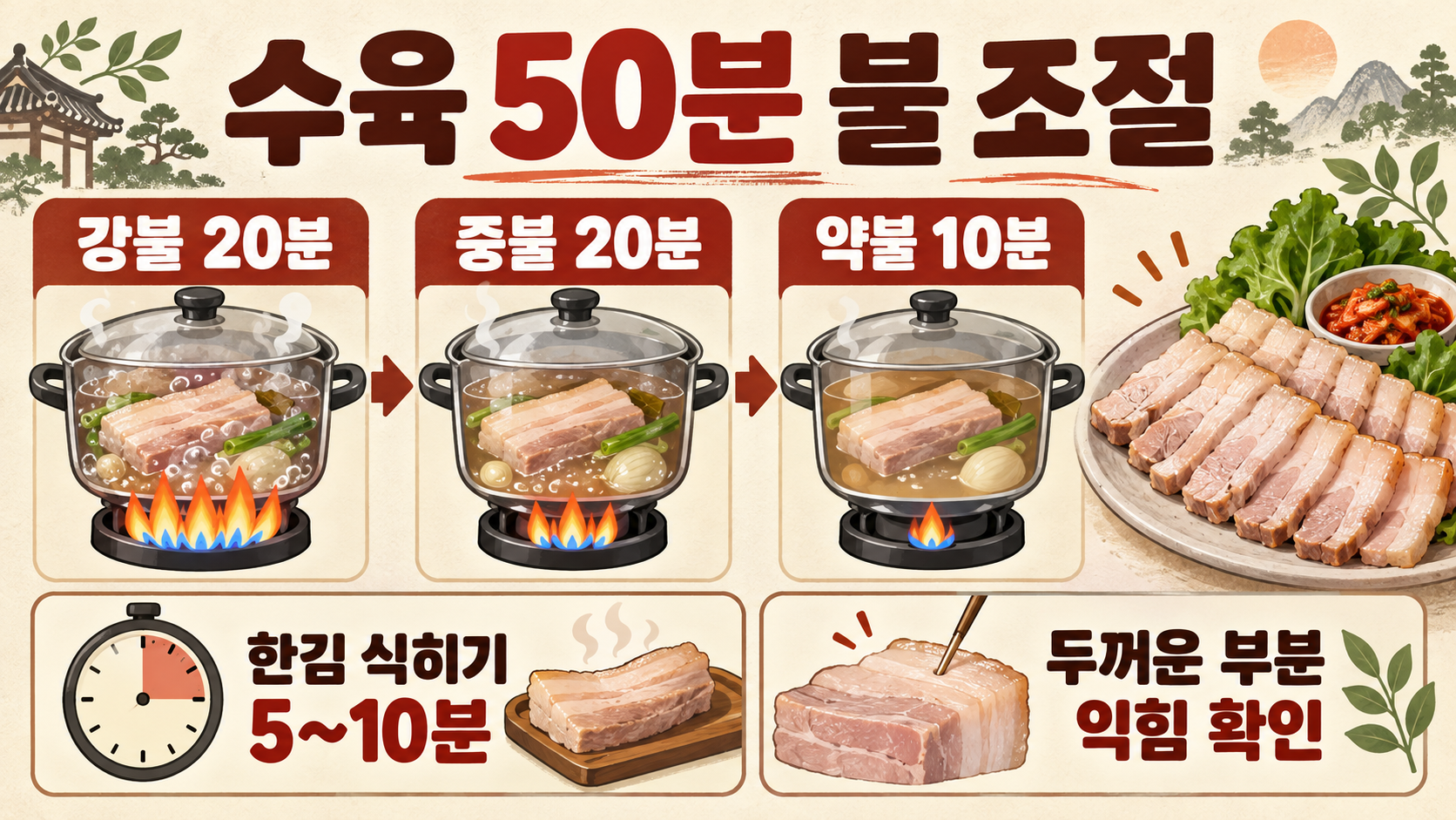 삼겹살 수육 맛있게 삶는 법: 돼지고기 수육 삶는 시간과 불 조절 확인 정보 카드