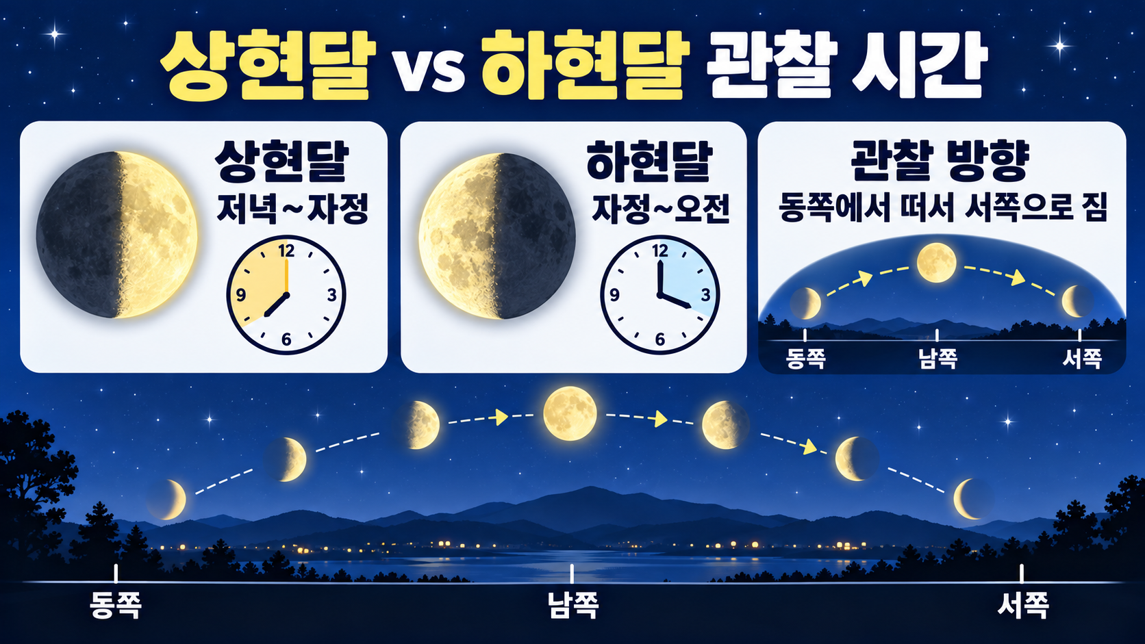 상현달·하현달 구별법: 달 모양과 관찰 시간 한눈에 정리 관련 정보 카드