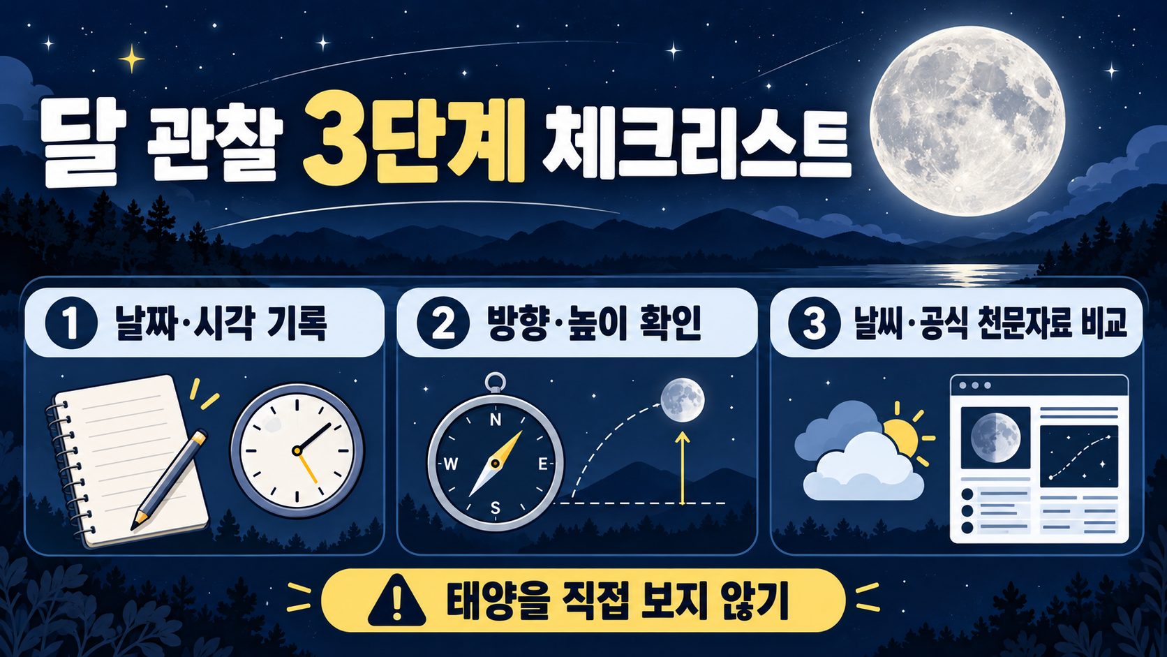 상현달·하현달 구별법: 달 모양과 관찰 시간 한눈에 정리 확인 정보 카드