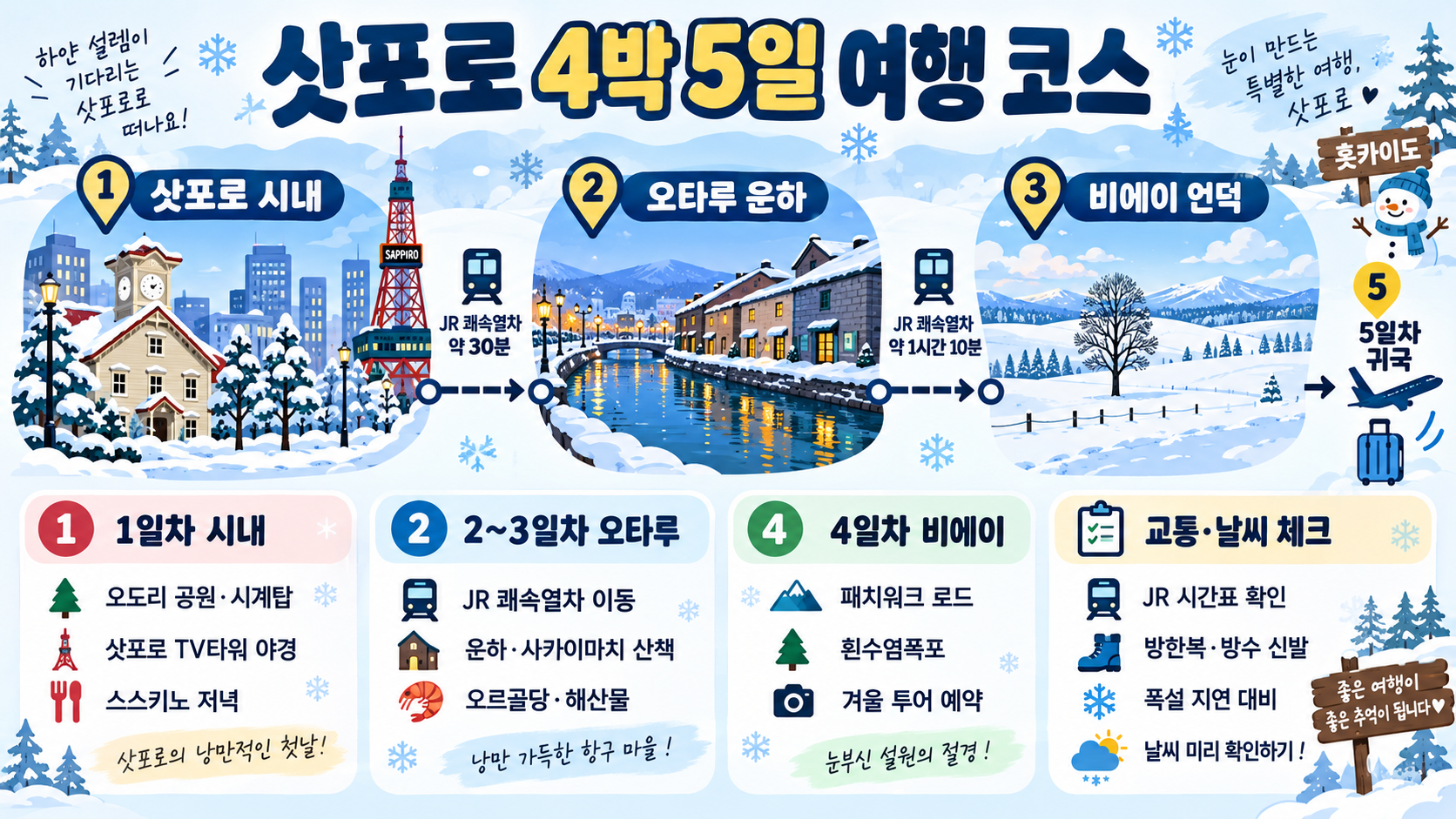 삿포로 4박 5일 여행 코스: 동선·교통·준비 체크리스트 정보 카드