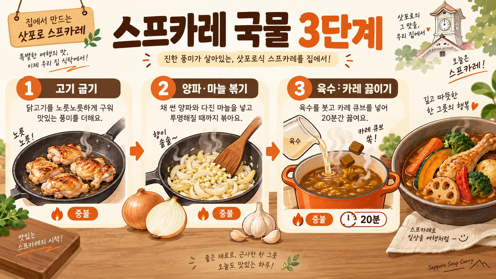 집에서 만드는 삿포로 스프카레: 깊은 국물과 바삭한 채소 토핑 레시피 관련 정보 카드