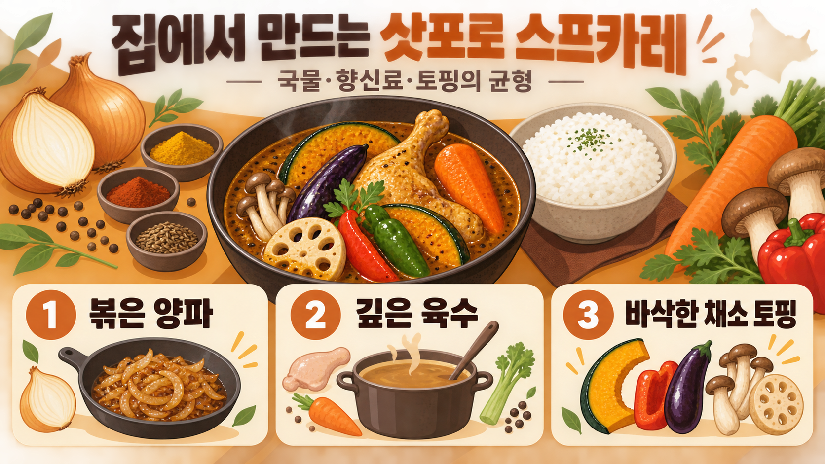 집에서 만드는 삿포로 스프카레: 깊은 국물과 바삭한 채소 토핑 레시피 정보 카드