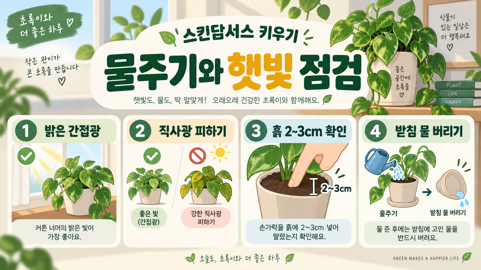 스킨답서스 키우기: 햇빛·물주기·번식·분갈이·수경재배 가이드 관련 정보 카드