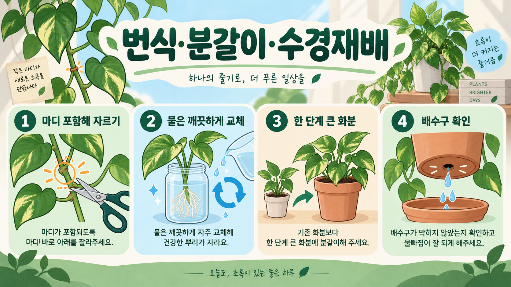 스킨답서스 키우기: 햇빛·물주기·번식·분갈이·수경재배 가이드 확인 정보 카드