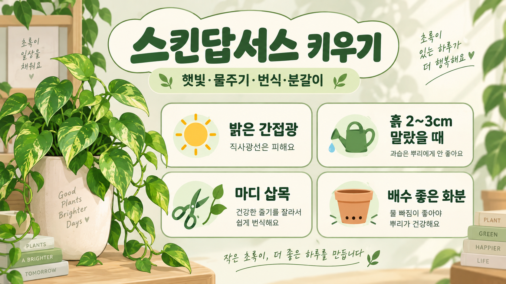 스킨답서스 키우기: 햇빛·물주기·번식·분갈이·수경재배 가이드 정보 카드