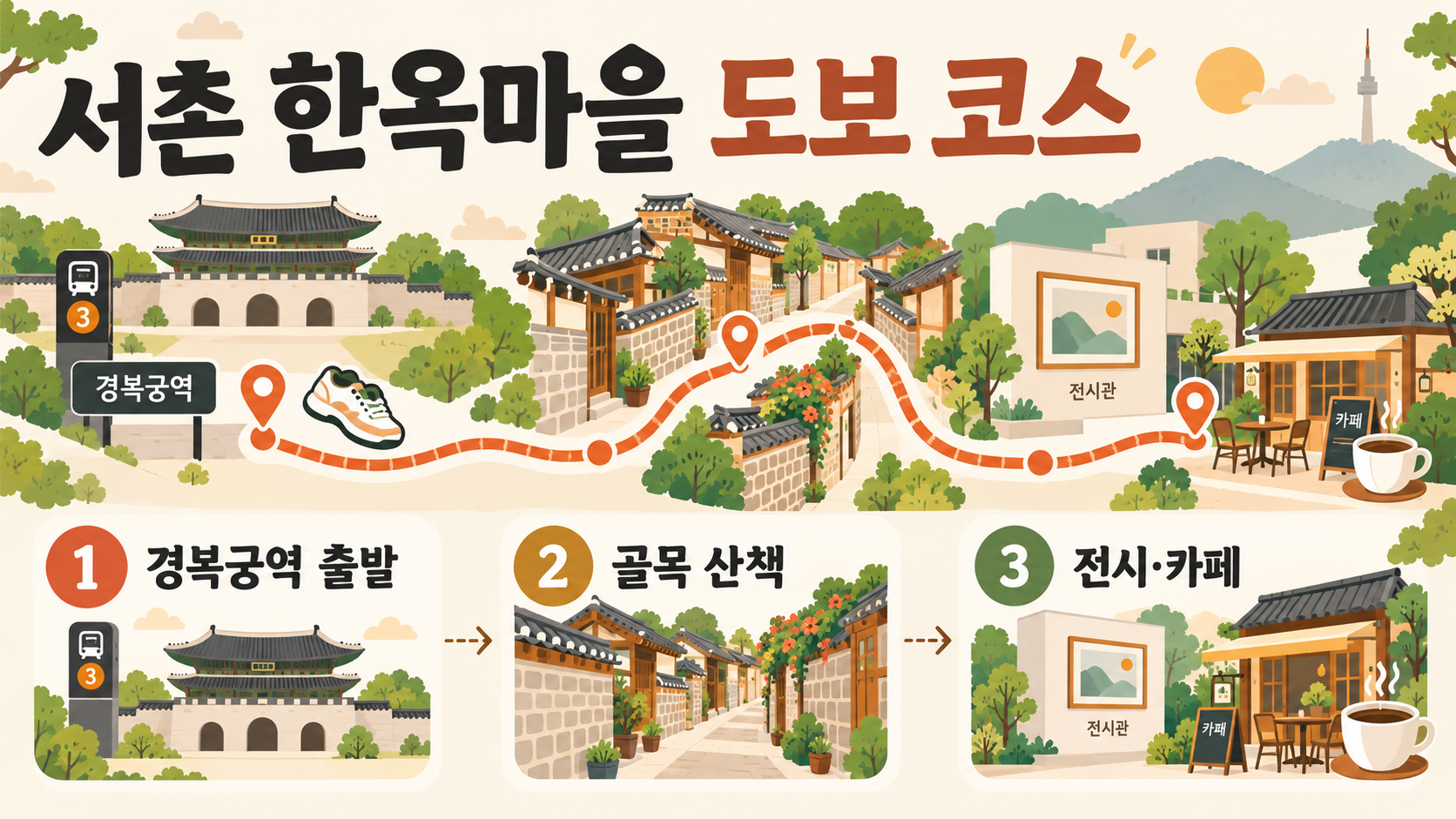 서촌 한옥마을 도보 코스: 경복궁역에서 골목·전시·카페까지 정보 카드