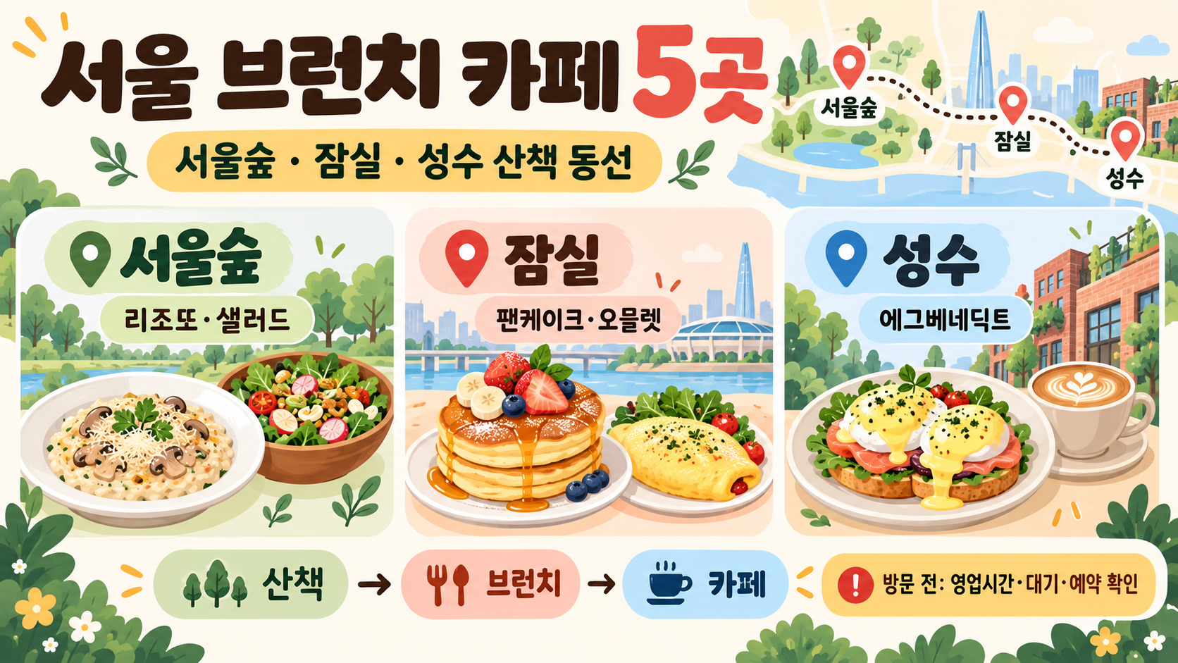 서울 브런치 카페 5곳: 서울숲·잠실·성수 산책 코스 가이드 정보 카드