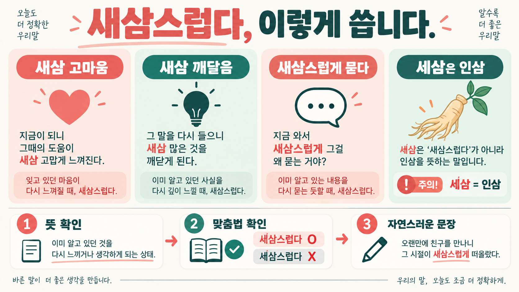 세삼과 새삼 차이 그리고 새삼스럽다 올바른 사용법 확인 정보 카드