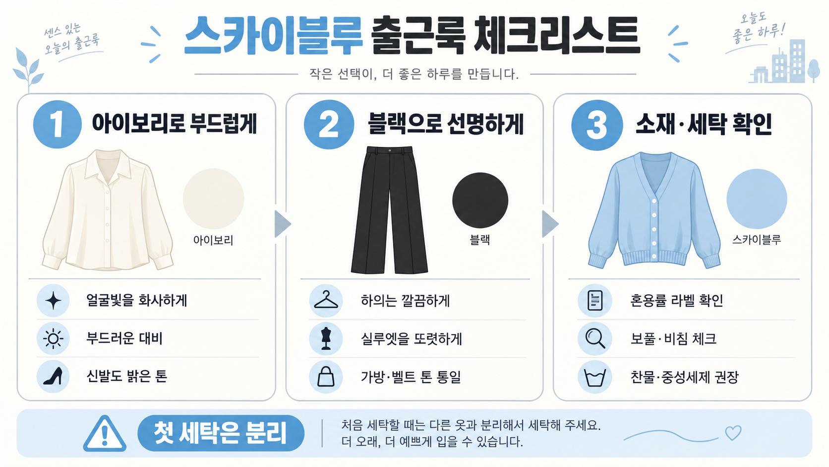 스카이블루 코디 추천: 출근룩 색조합 3가지와 스타일링 팁 확인 정보 카드