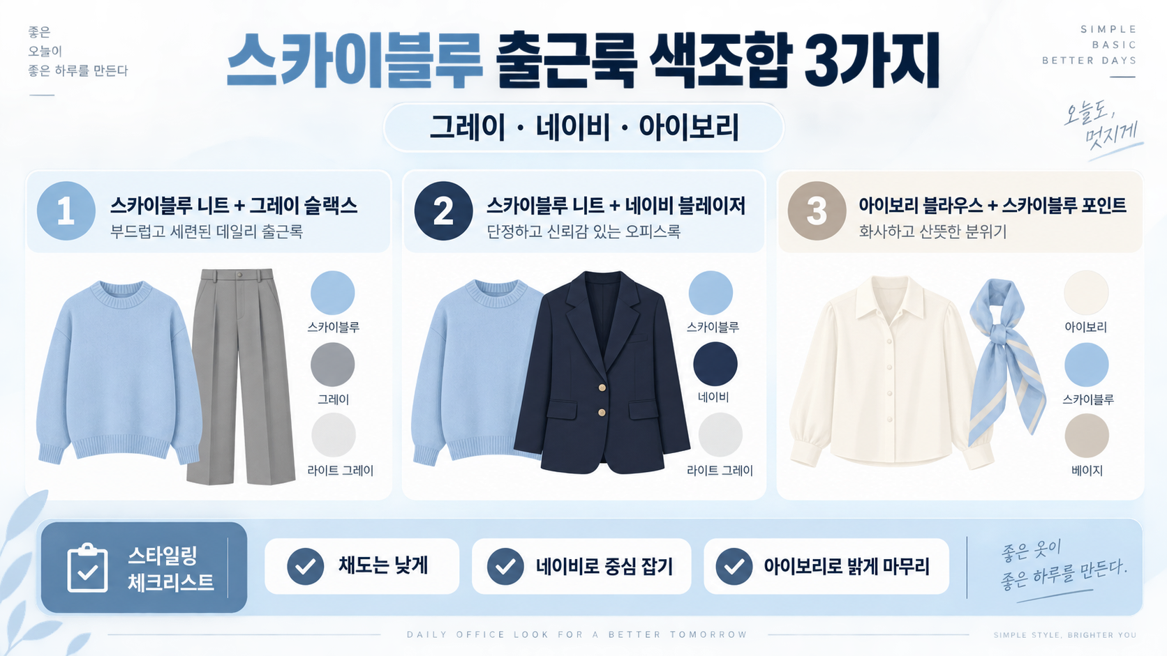 스카이블루 코디 추천: 출근룩 색조합 3가지와 스타일링 팁 정보 카드