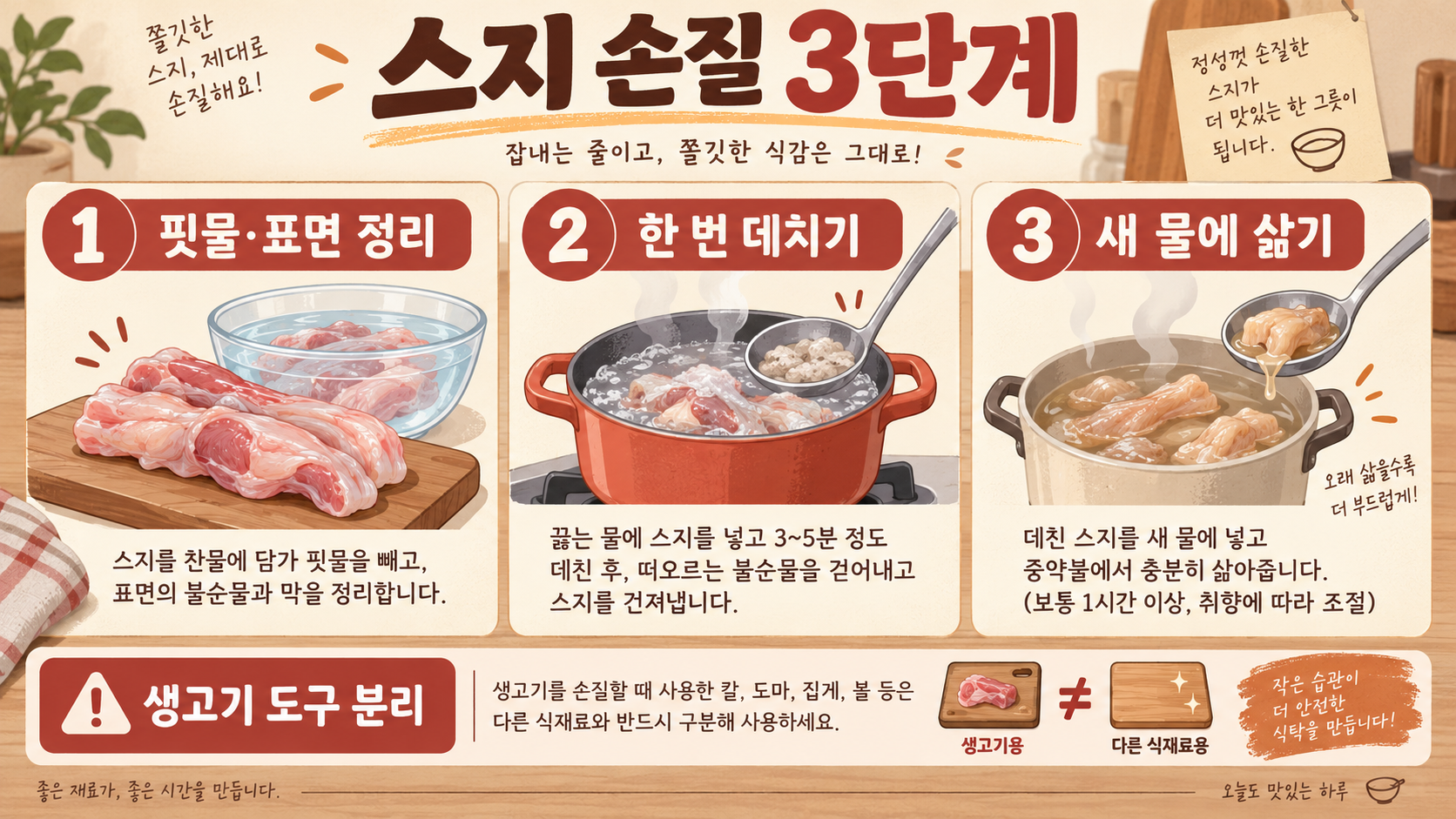 스지란? 소고기 힘줄 부위의 특징과 손질·요리법 관련 정보 카드