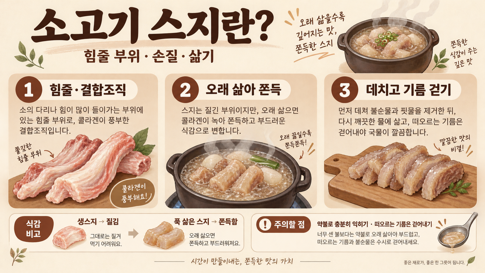 스지란? 소고기 힘줄 부위의 특징과 손질·요리법 정보 카드
