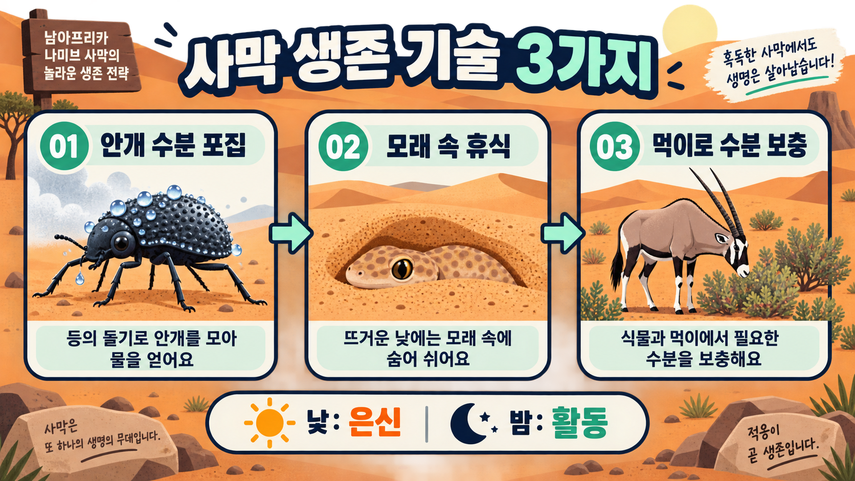 남아프리카 사막 동물 12종: 나미브·칼라하리의 생존 전략 관련 정보 카드