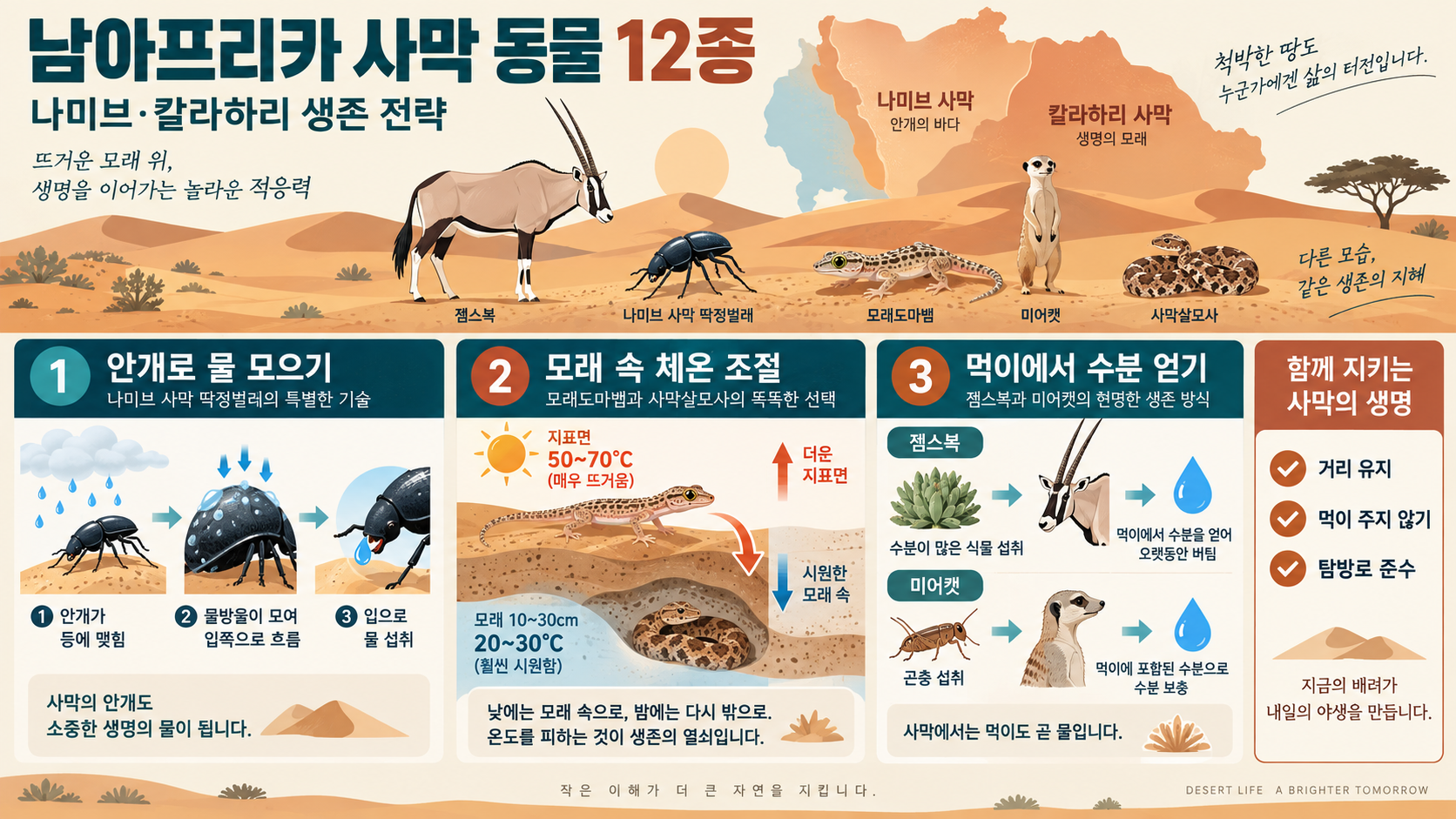 남아프리카 사막 동물 12종: 나미브·칼라하리의 생존 전략 정보 카드