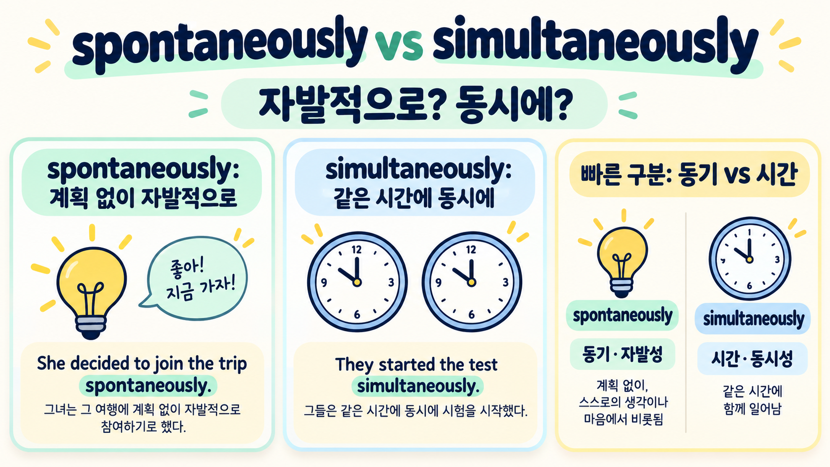 spontaneously와 simultaneously 뜻·차이: 자연스러운 영어 사용법 정보 카드