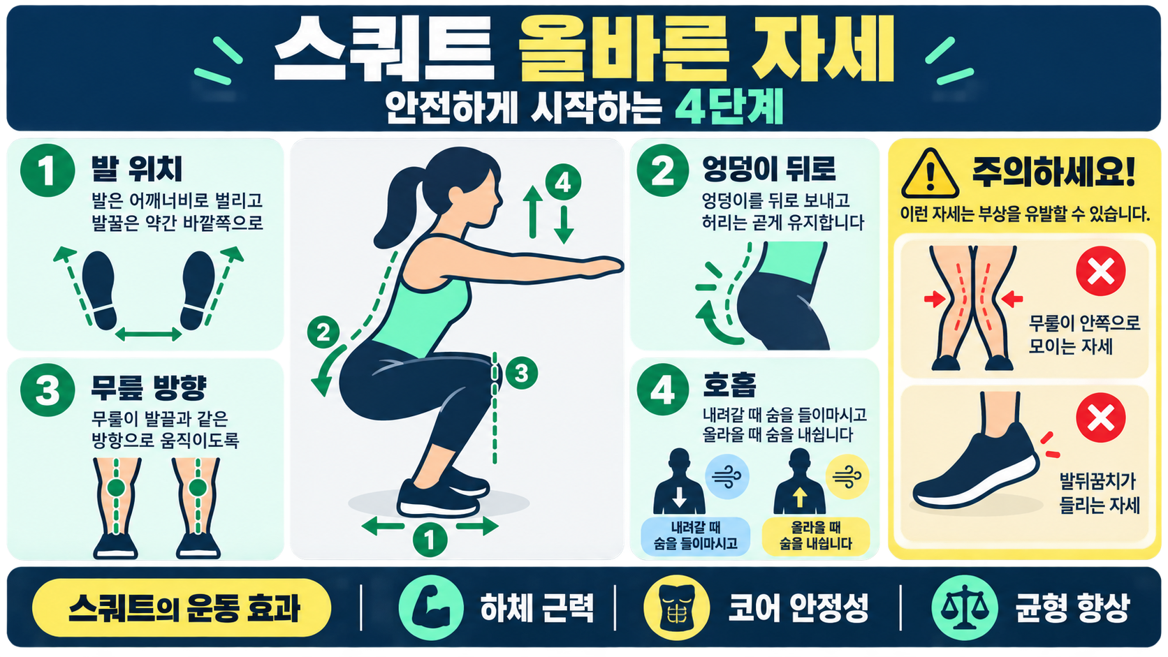 스쿼트 올바른 자세와 운동 효과: 초보자를 위한 안전 가이드 정보 카드