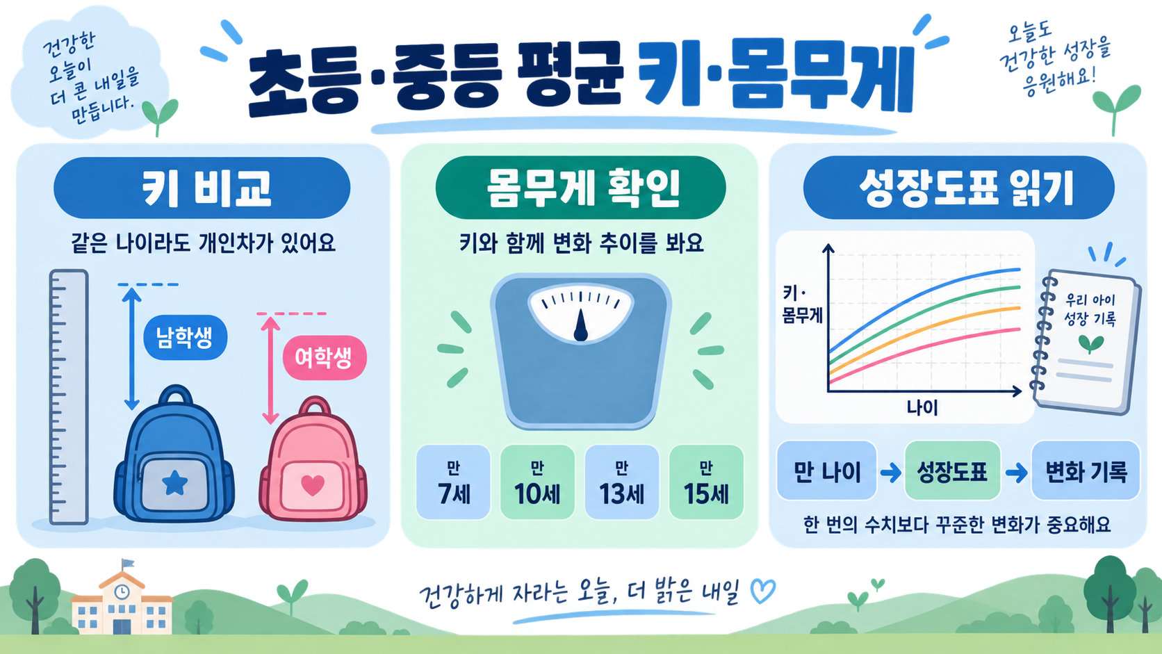 초등학생·중학생 평균 키와 몸무게 확인법: 성장도표 읽는 법 정보 카드