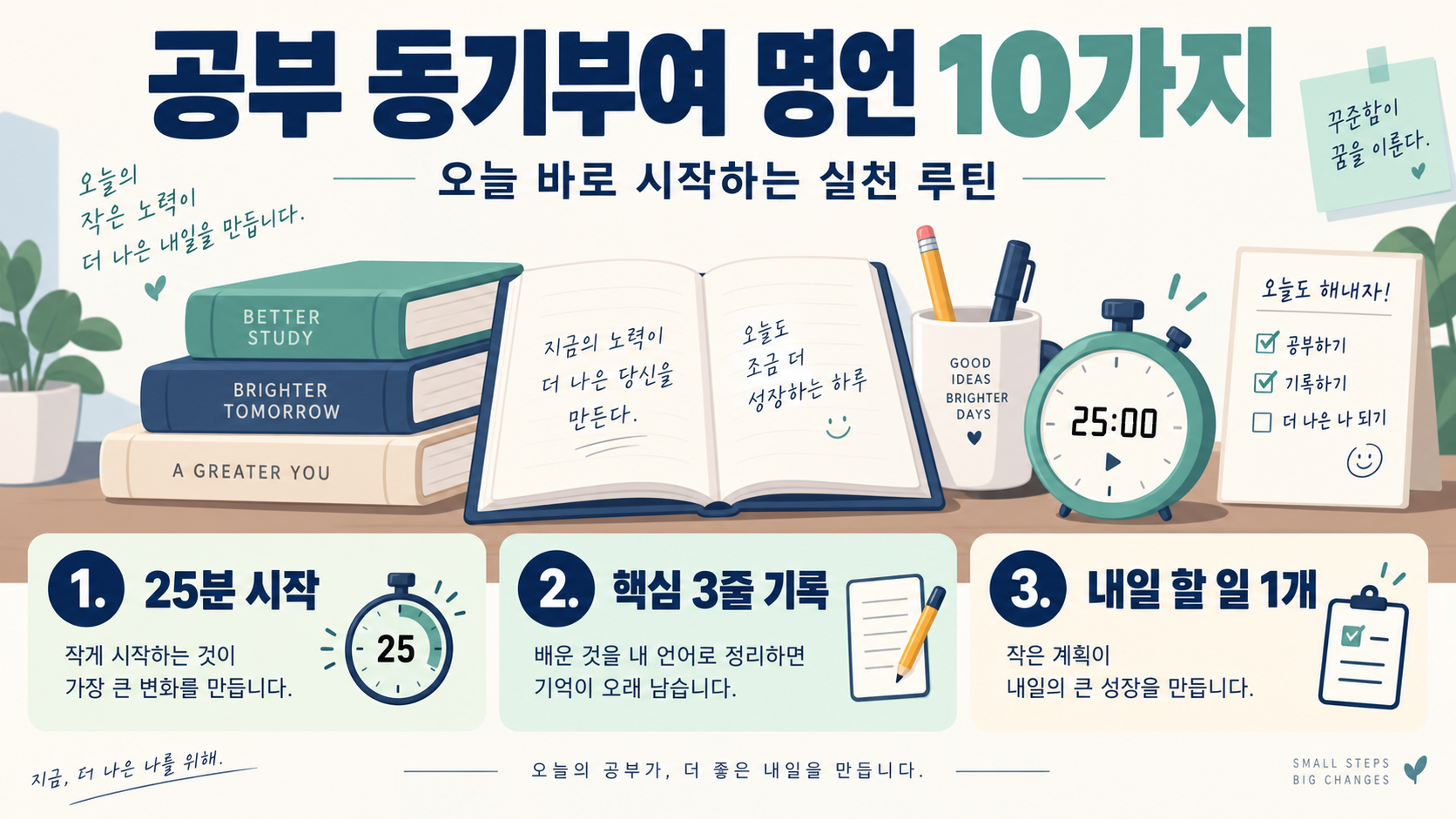 공부 동기부여를 위한 명언 10가지와 실천 루틴 정보 카드