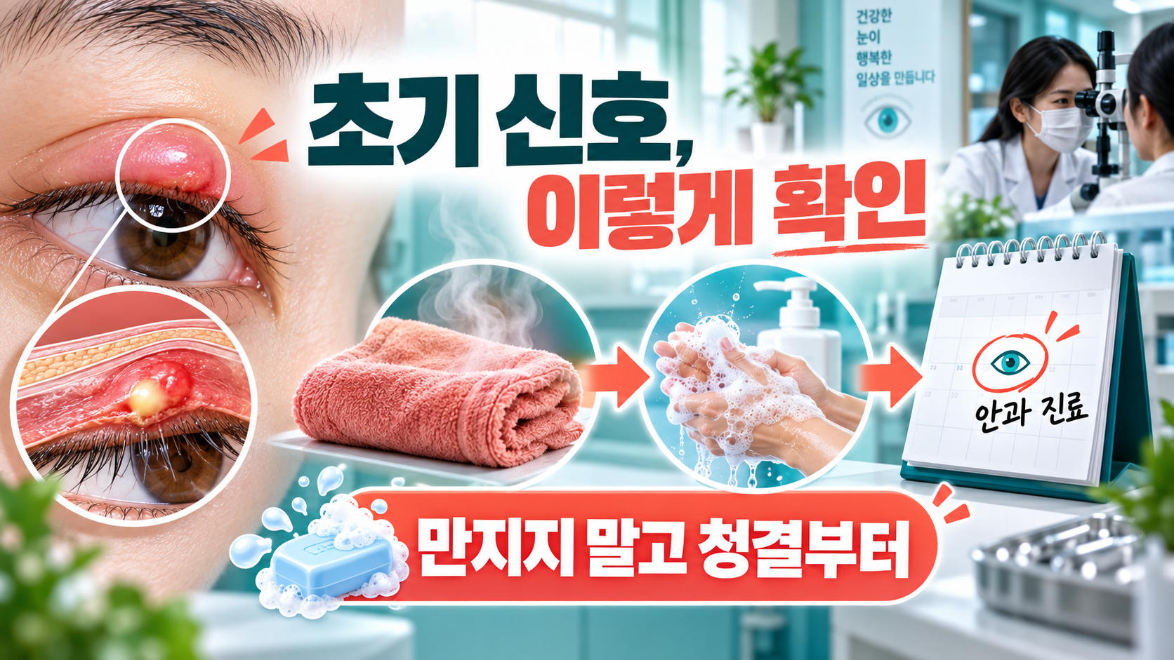 붉은 눈꺼풀, 온찜질, 손 씻기, 안과 진료 흐름을 보여 주는 정보 카드