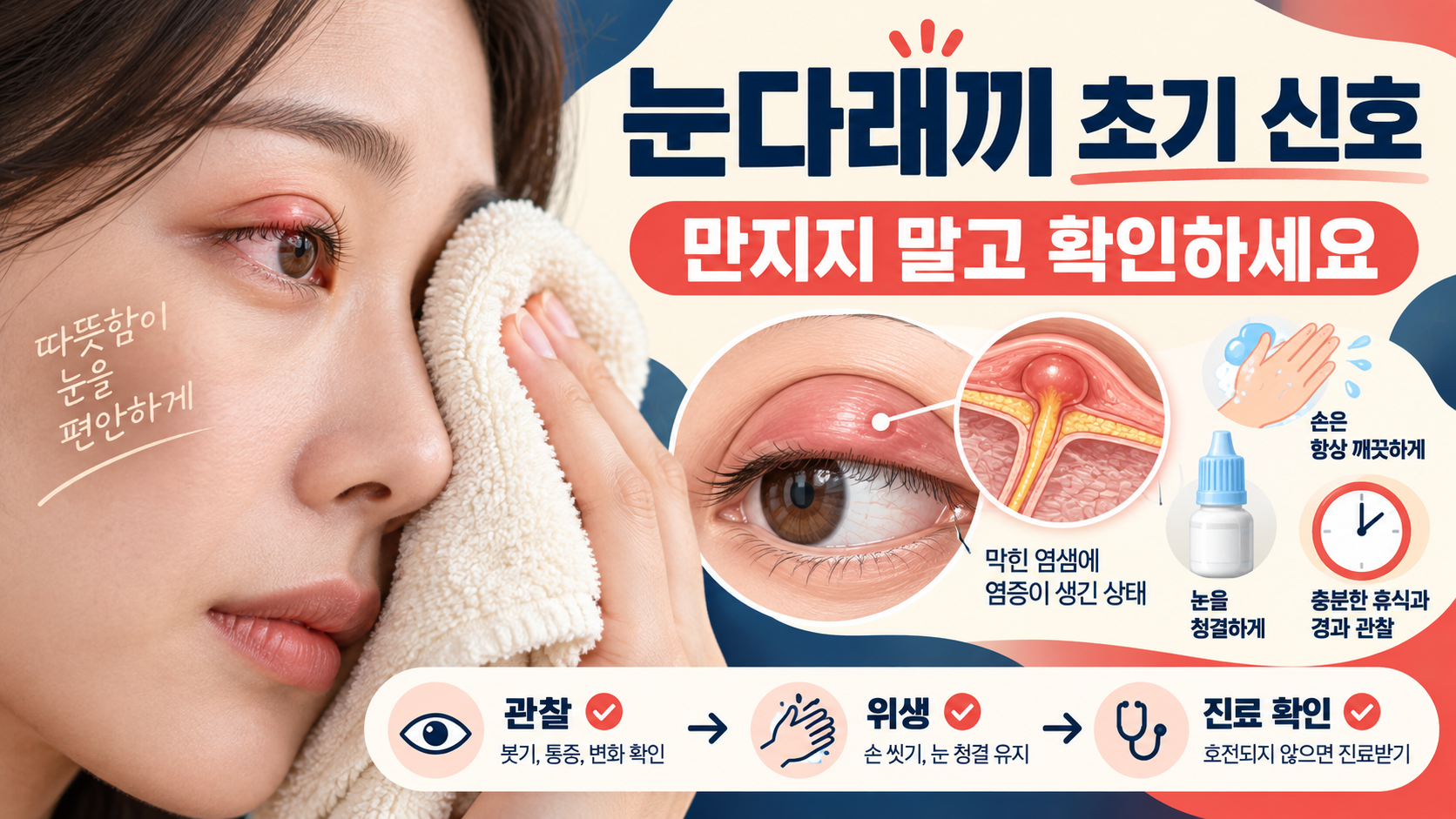 눈다래끼 초기 신호와 청결 관리 흐름을 보여 주는 정보 카드