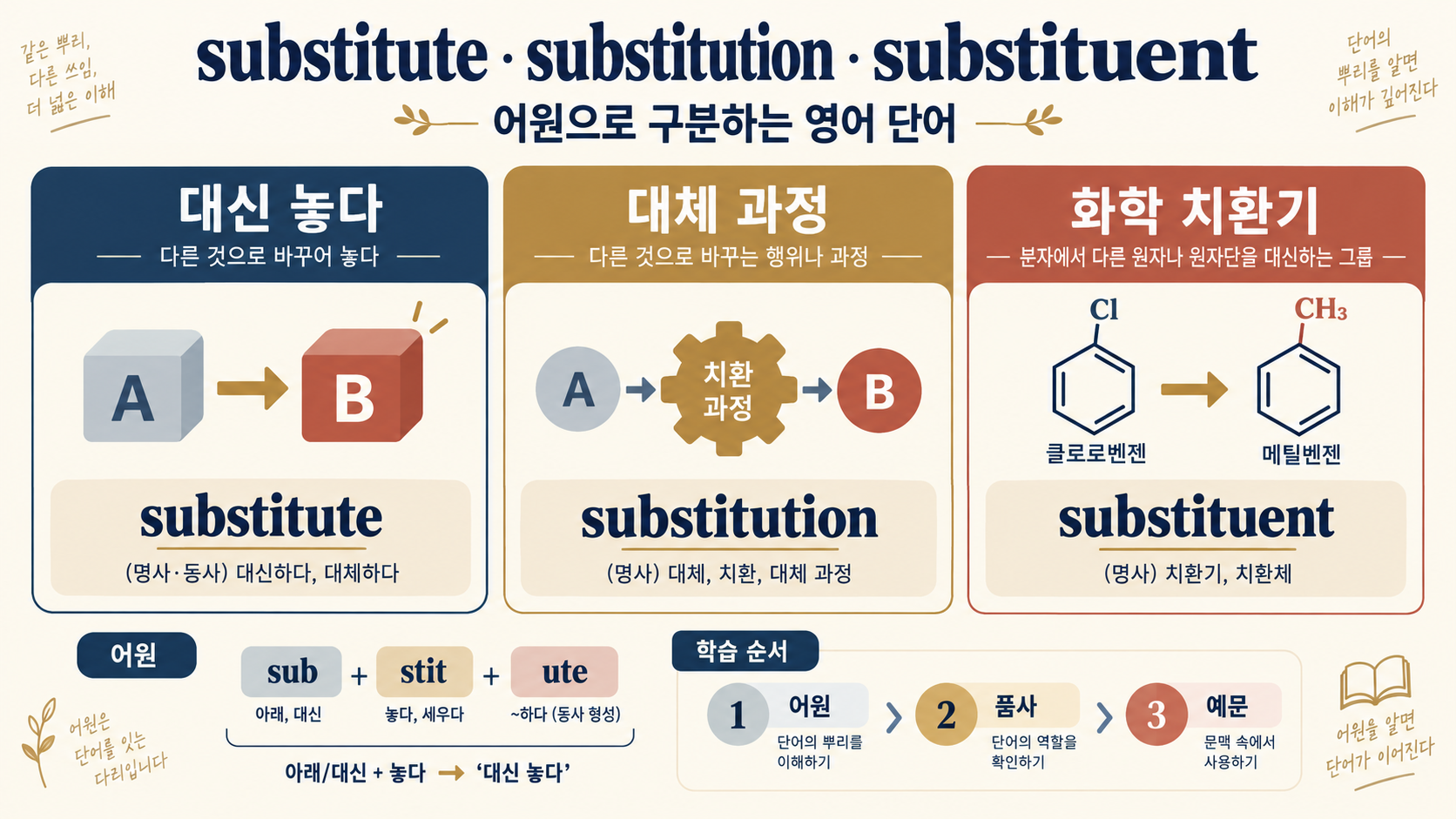 substitute·substitution·substituent: 어원으로 구분하는 영어 단어 정보 카드