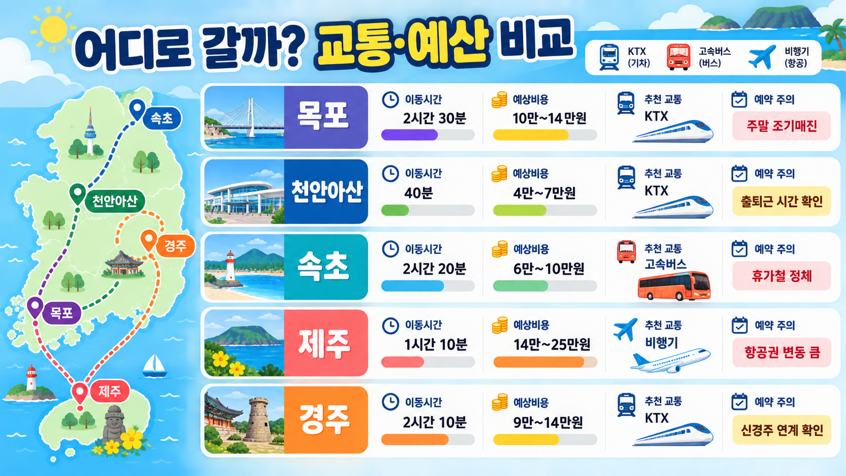 여름 가성비 국내 당일치기 여행지 BEST 5: 교통·예산·동선 가이드 관련 정보 카드