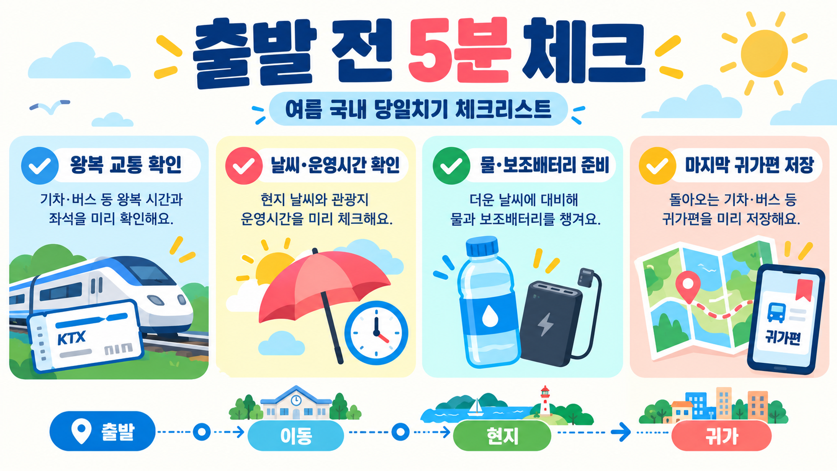 여름 가성비 국내 당일치기 여행지 BEST 5: 교통·예산·동선 가이드 확인 정보 카드