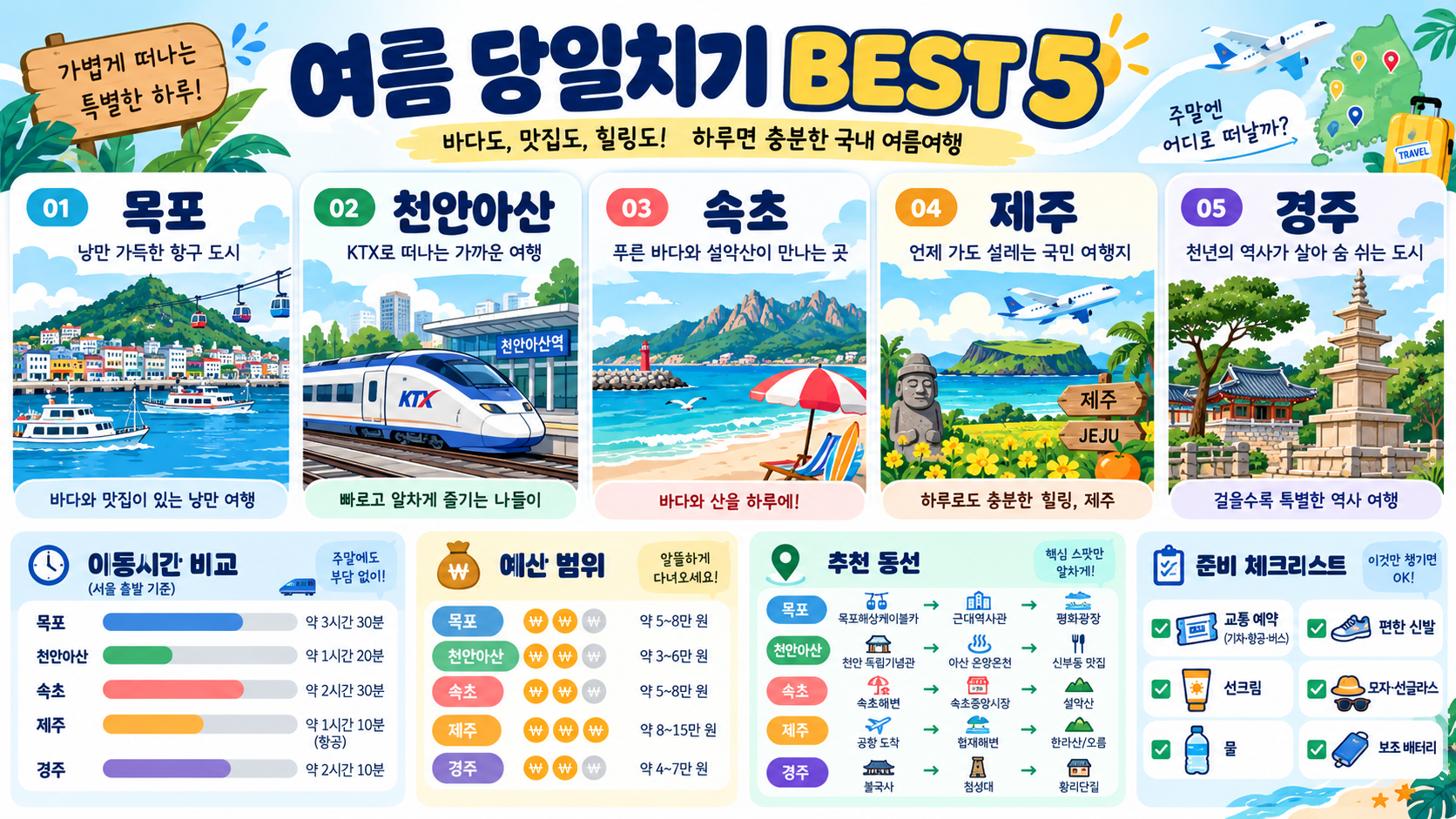 여름 가성비 국내 당일치기 여행지 BEST 5: 교통·예산·동선 가이드 정보 카드