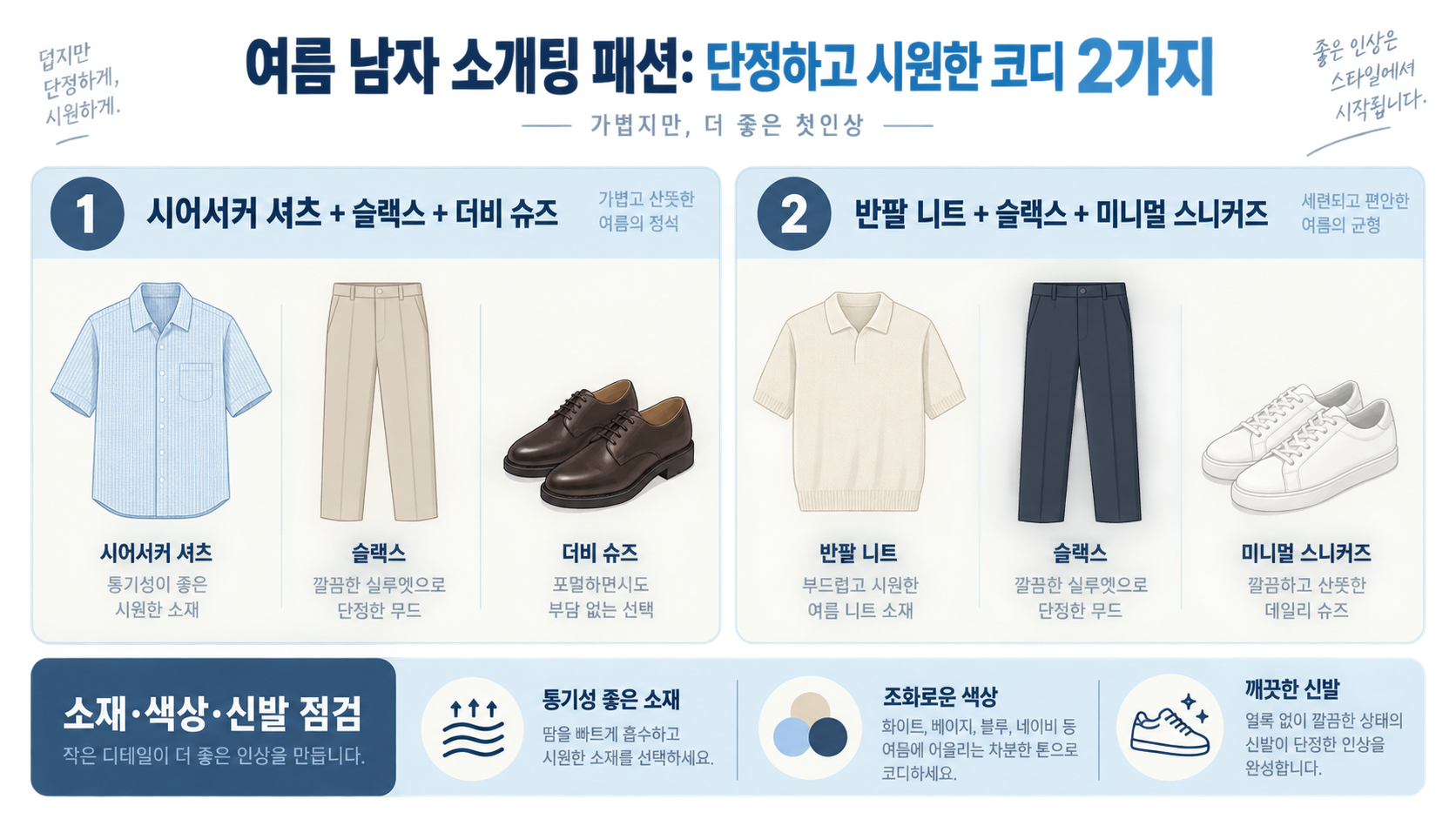 여름 남자 소개팅 패션: 단정하고 시원한 코디 2가지 정보 카드