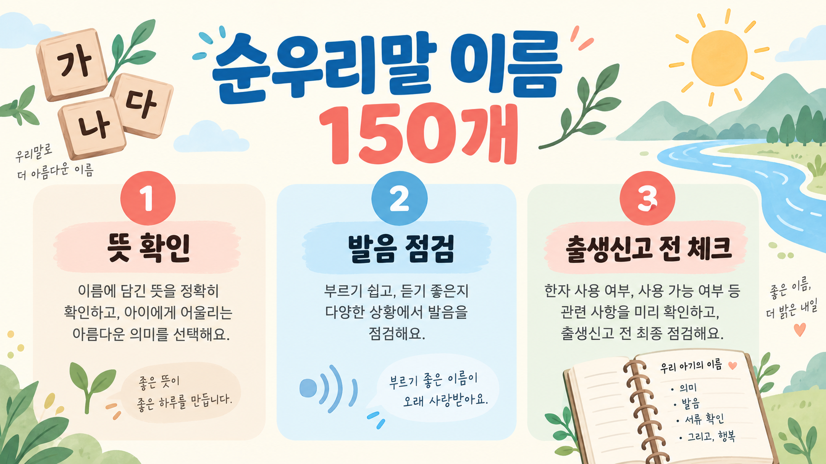 순우리말 이름 150개: 뜻이 예쁜 여자·남자 한글 이름 짓기 정보 카드