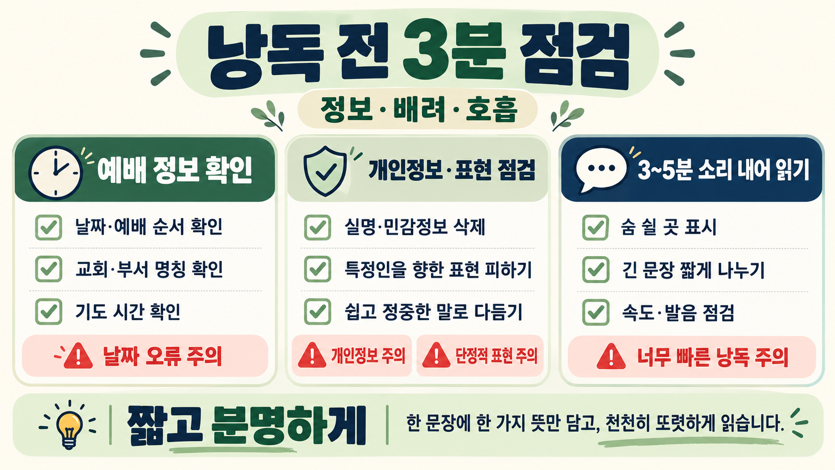 주일 대예배 대표기도문 작성 가이드: 예배 흐름에 맞춘 준비와 구성 확인 정보 카드