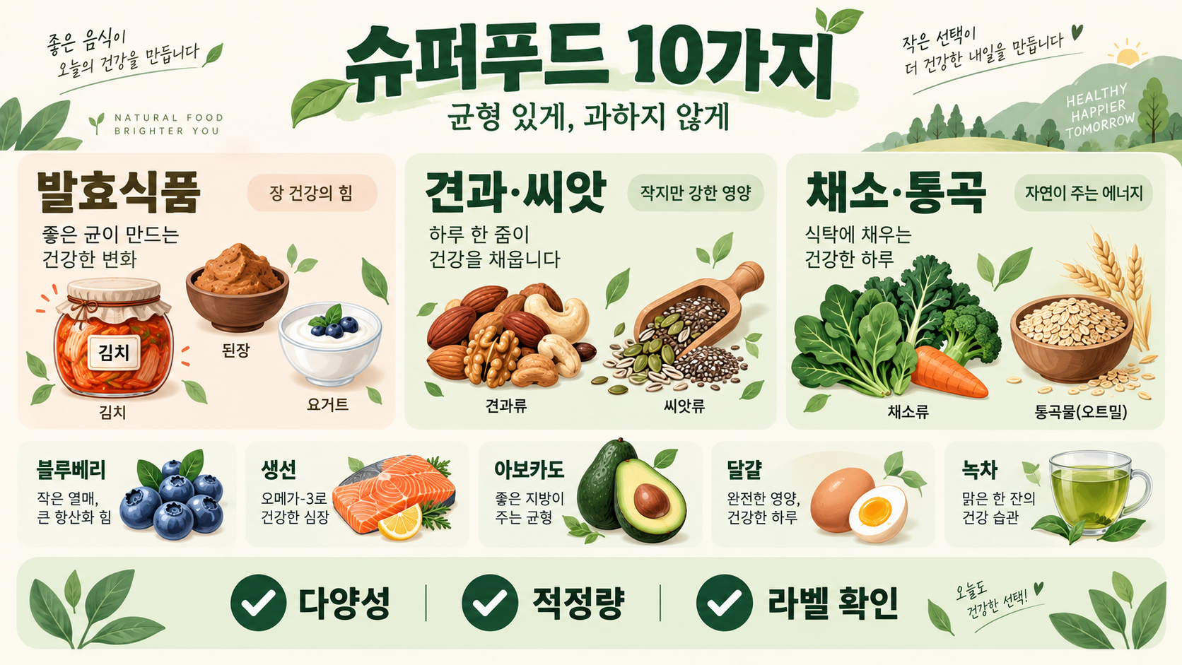 슈퍼푸드 10가지 종류와 섭취 가이드: 영양·주의점 한눈에 정보 카드