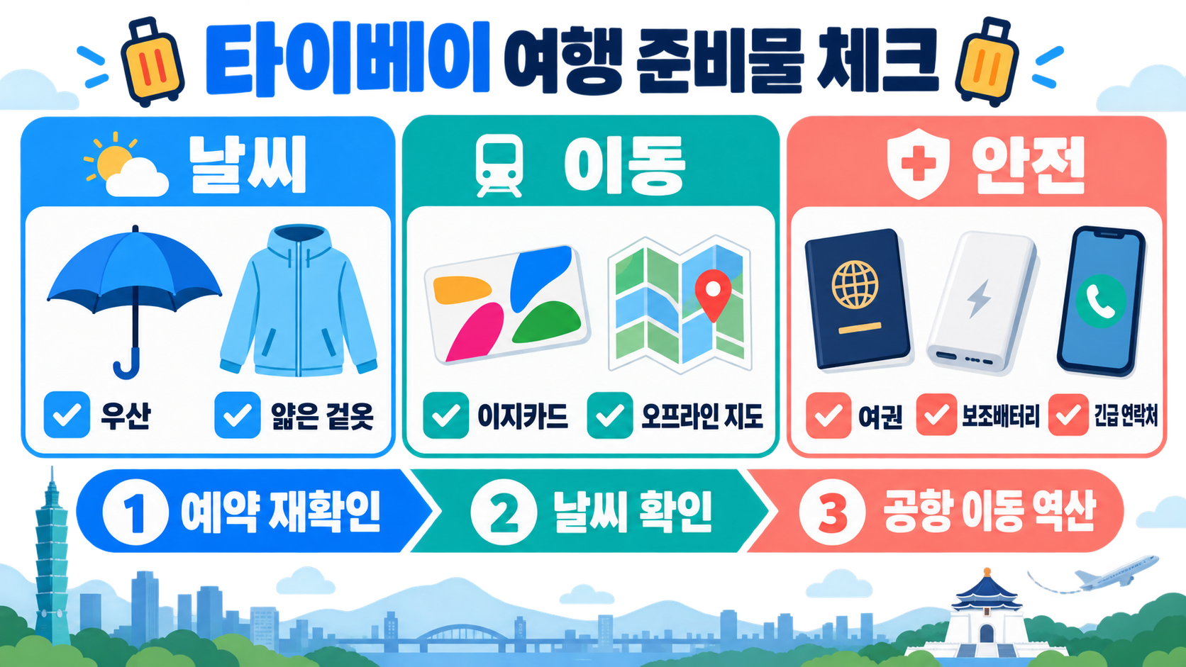 타이베이 3박 4일 여행코스 총정리: 핵심 동선과 준비물 확인 정보 카드