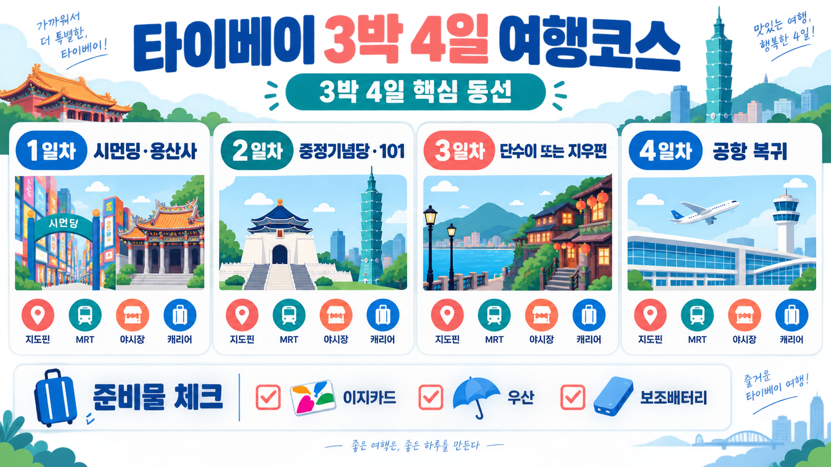타이베이 3박 4일 여행코스 총정리: 핵심 동선과 준비물 정보 카드