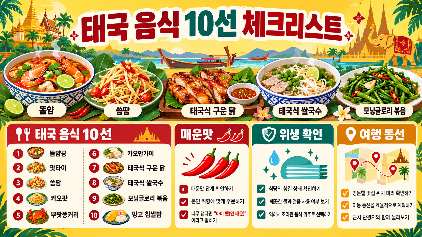 태국 여행 대표 음식 10가지: 메뉴별 특징과 주문 팁 확인 정보 카드