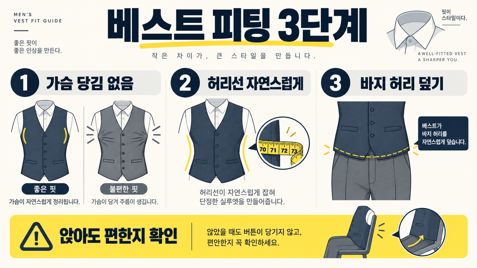 쓰리피스 수트의 의미: 구성·격식·스타일링 가이드 관련 정보 카드