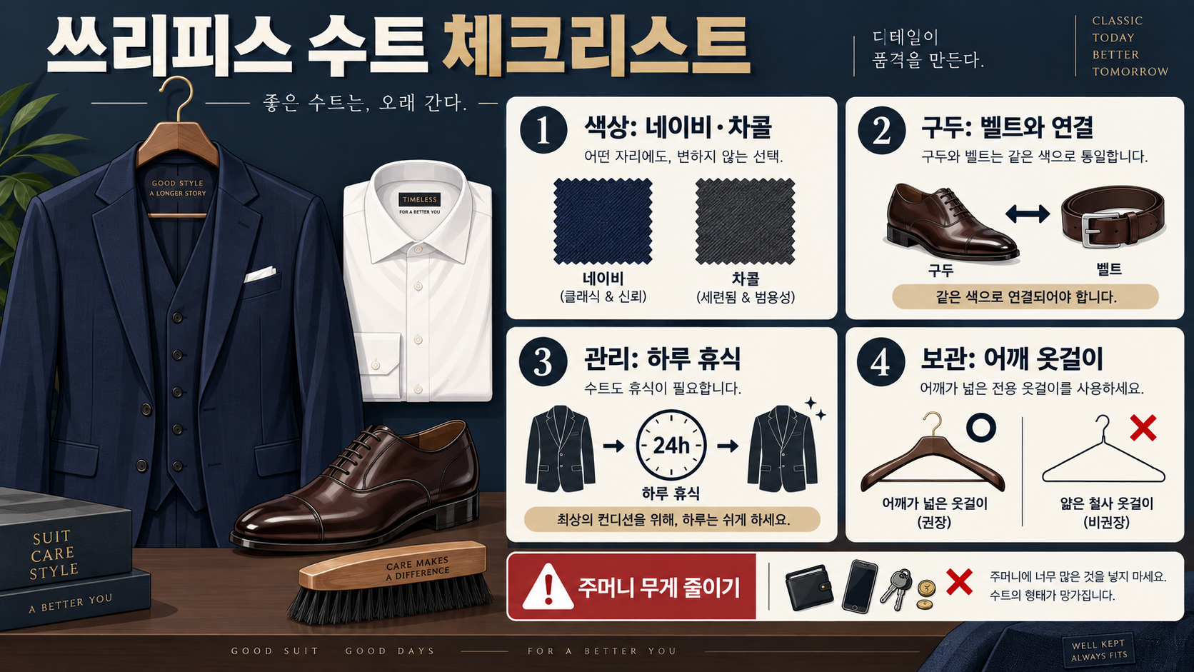 쓰리피스 수트의 의미: 구성·격식·스타일링 가이드 확인 정보 카드
